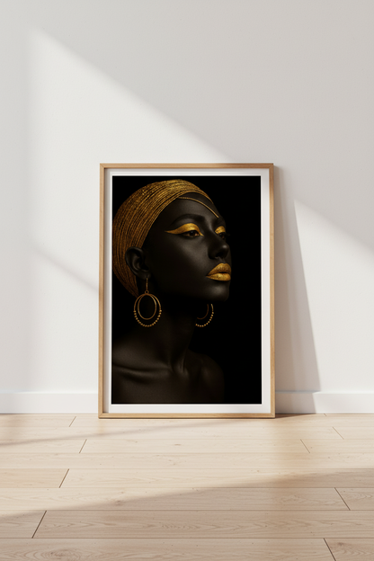 Minimalist Afrocentric Woman Wall Art Print | Glamour Home Decor | Black and Gold Aesthetic Poster | Digital &amp; Physical Options