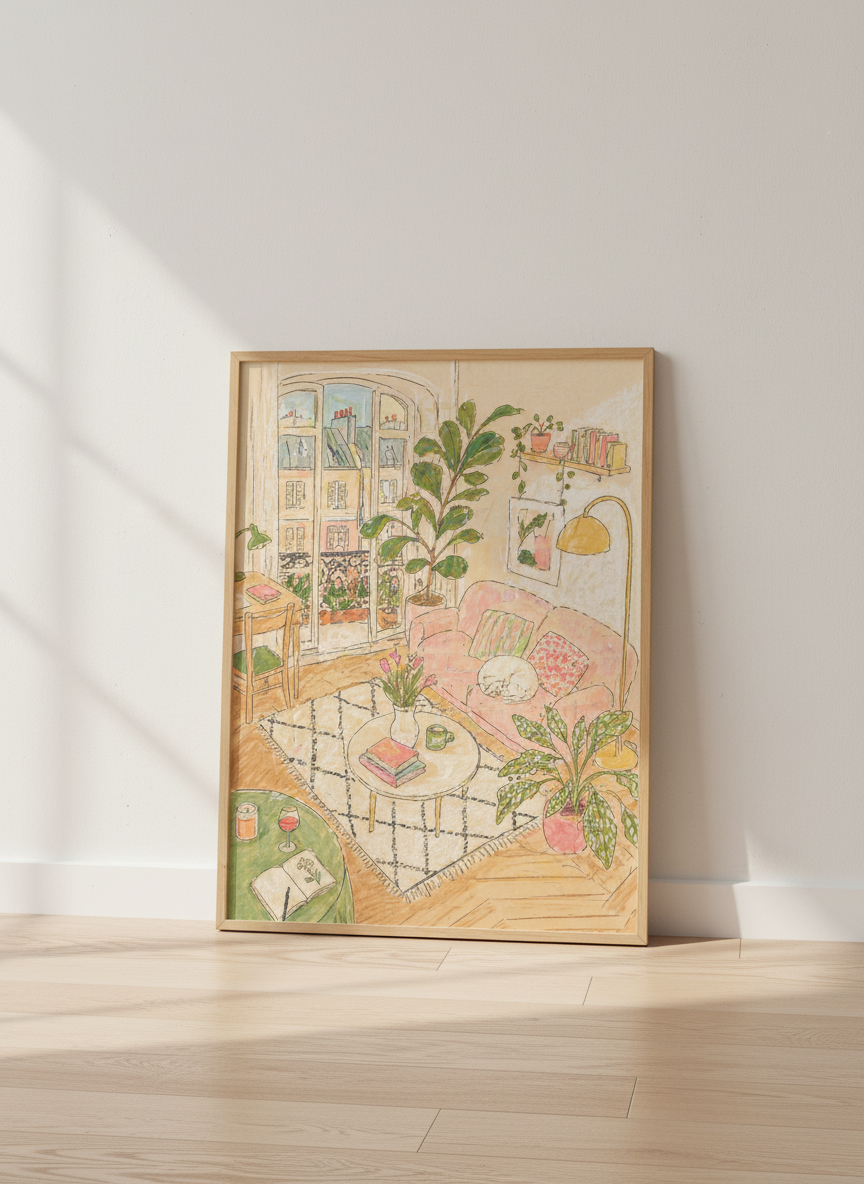Cozy Paris Apartment Wall Art Print | Boho Living Room Decor | Cottagecore Dreamy Pastel Poster | Digital Download Available