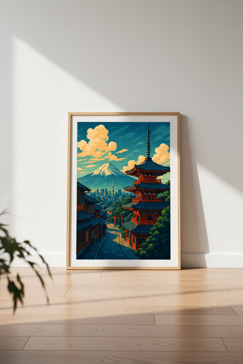 Anime Style Japan Mt Fuji &amp; Pagoda Framed Wall Art | Japanese Cityscape Decor | Vibrant Ukiyo-e Poster Print
