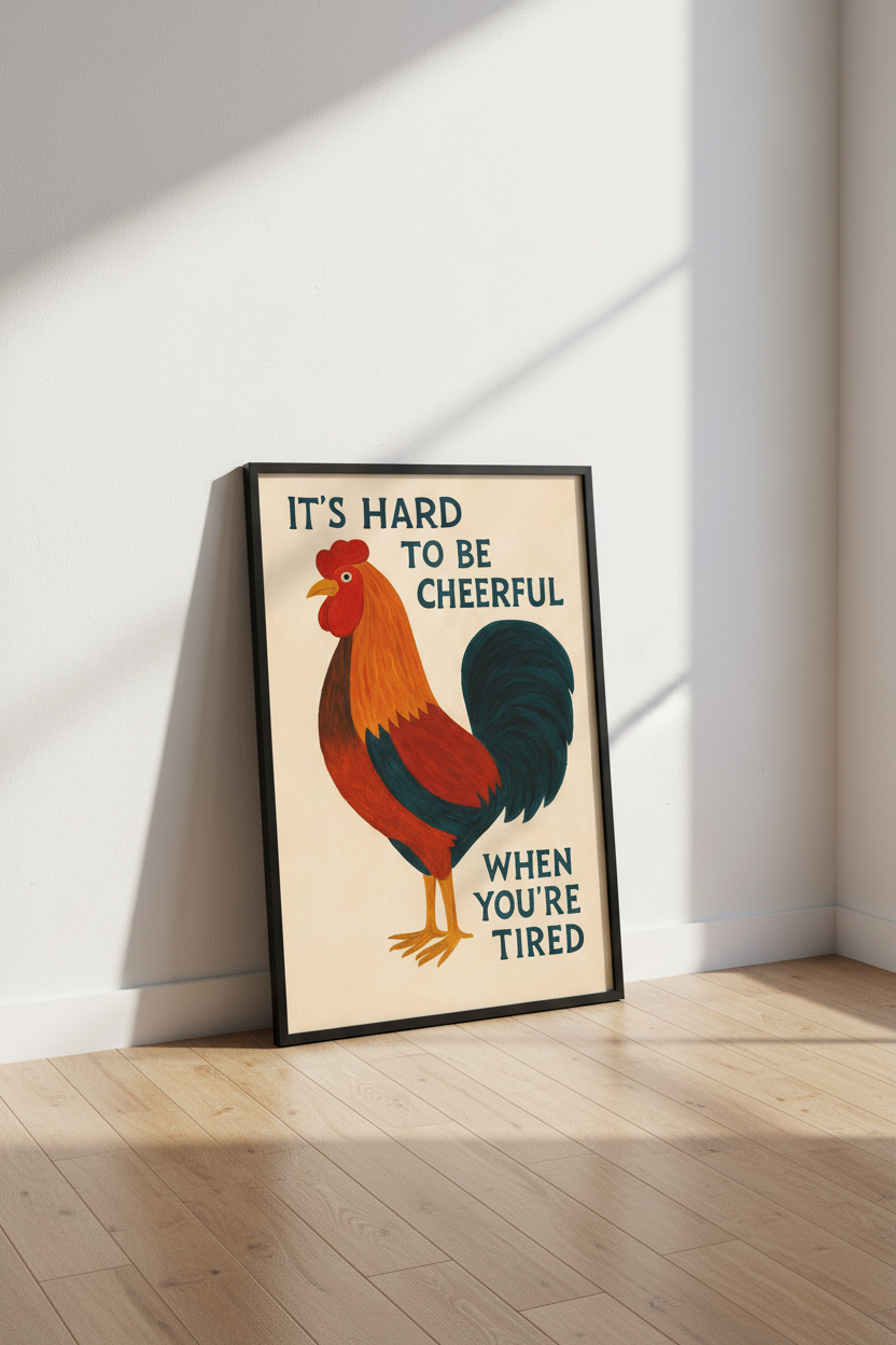 Humorous Rooster Wall Art Print | Funny Kitchen Decor | Farmhouse Cottagecore Poster | "Hard to Be Cheerful" Quote Print