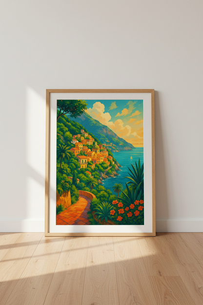 Vibrant Mediterranean Coastal Town Wall Art Print | Boho Living Room Decor | Italian Riviera Poster | Summer Home Aesthetic