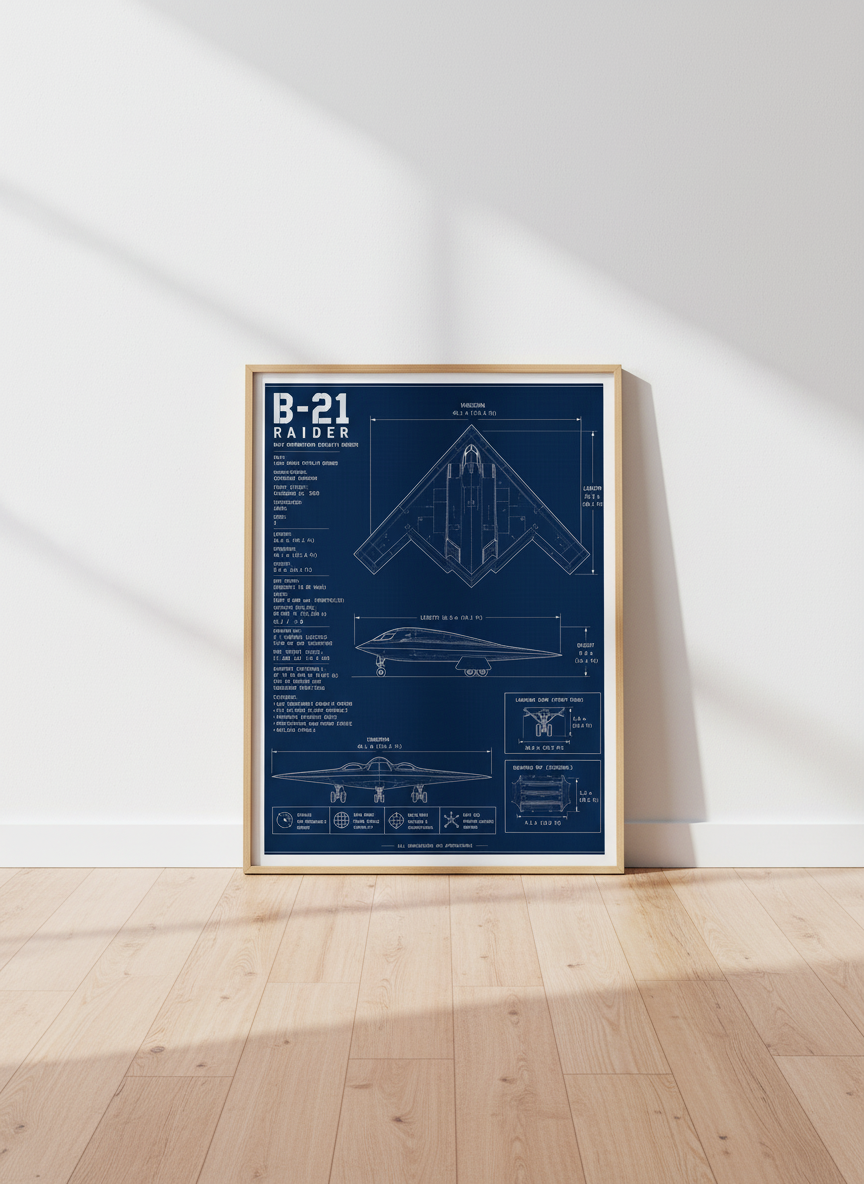 B-21 Raider Blueprint | Stealth Bomber Airplane Wall Art | Man Cave Decor Gift