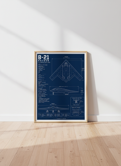 B-21 Raider Blueprint | Stealth Bomber Airplane Wall Art | Man Cave Decor Gift