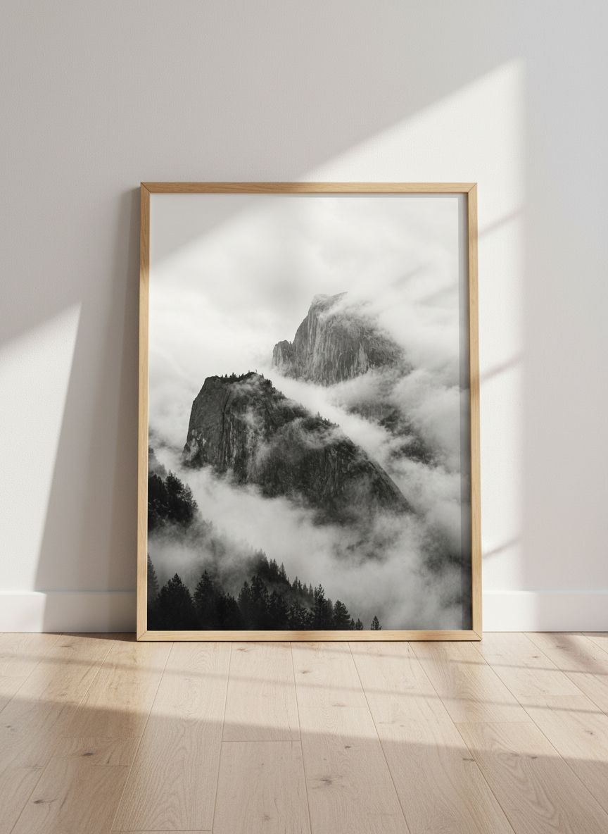 Black and White Mountain Wall Art Print | Minimalist Living Room Decor | Moody Landscape Poster | Foggy Forest Print