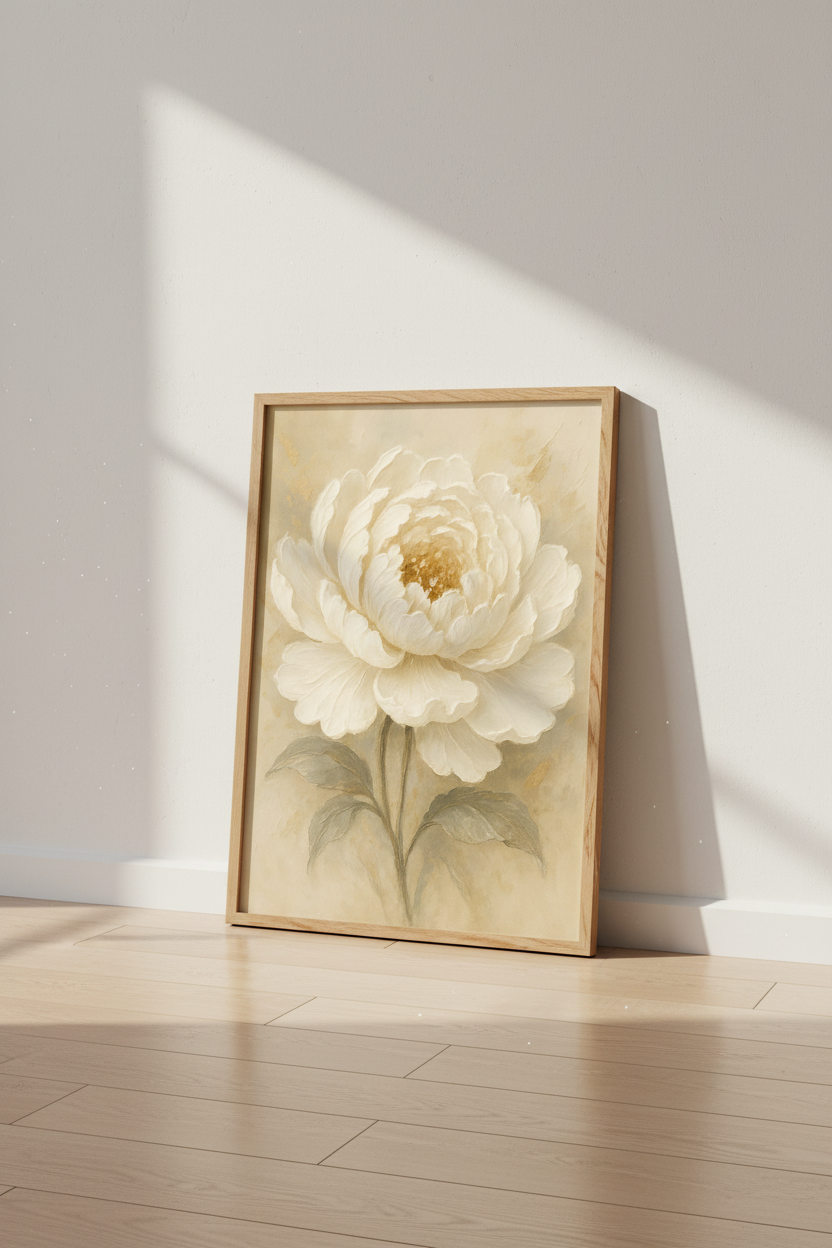 Textured Peony Flower Wall Art Print | Boho Bedroom Decor | Rustic Farmhouse Poster | Cream Floral Living Room Gift