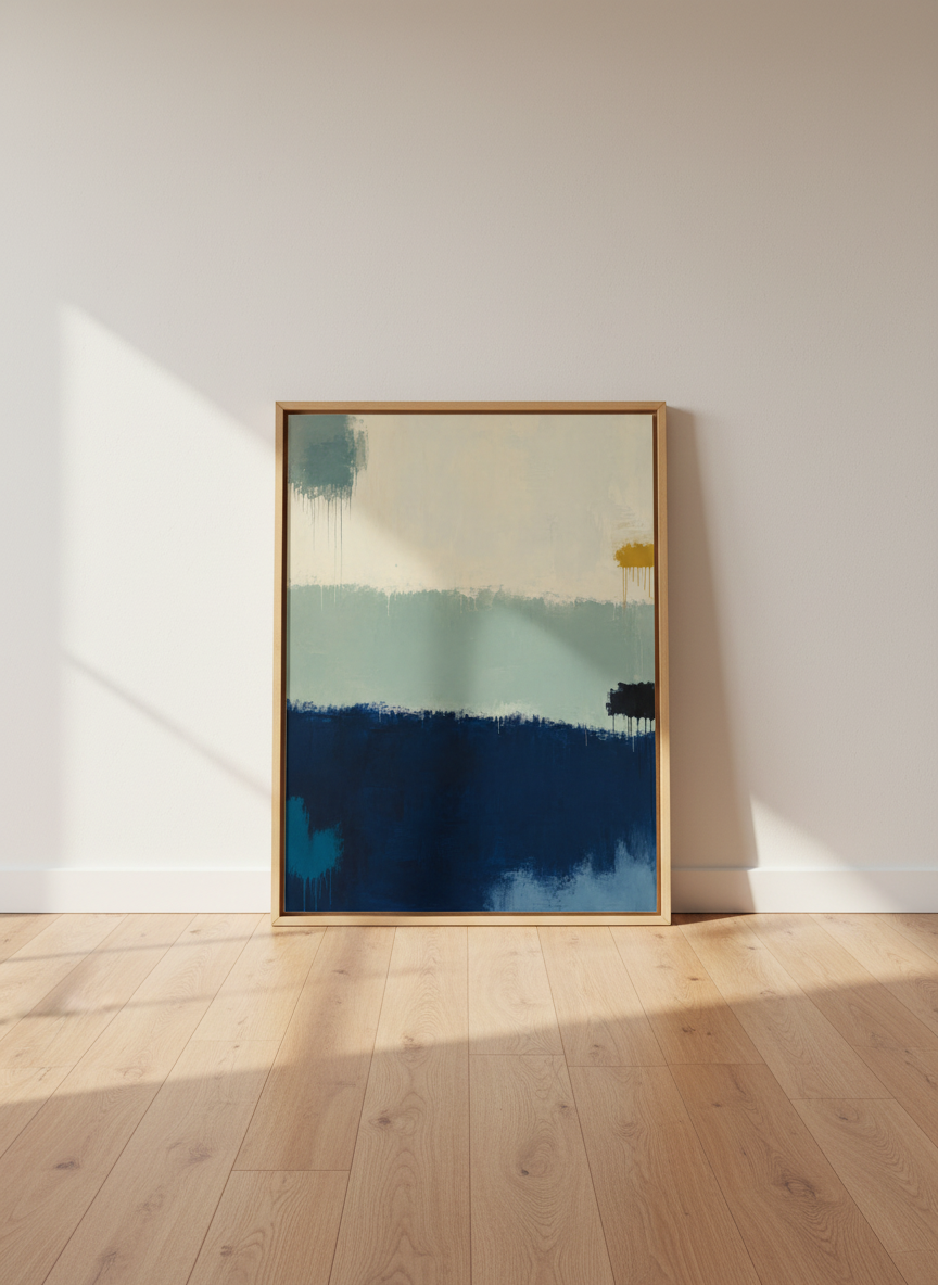 Abstract Coastal Framed Wall Art | Blue Green Ocean Shoreline Painting | Modern Living Room Decor | Minimalist Landscape Poster
