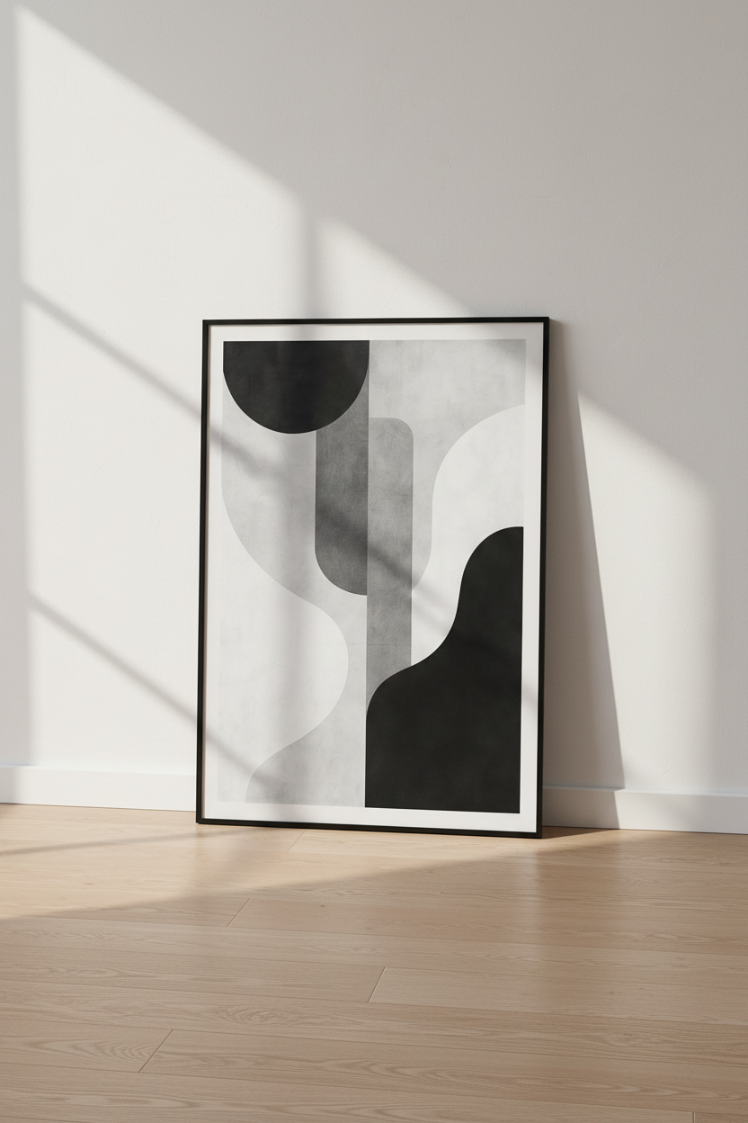 Abstract Shapes Wall Art Print | Mid Century Modern Decor | Minimalist Monochrome Poster | Black White Gray Art