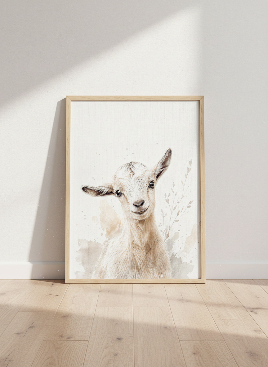 Baby Goat Wall Art Print | Boho Farmhouse Nursery Decor | Neutral Animal Poster