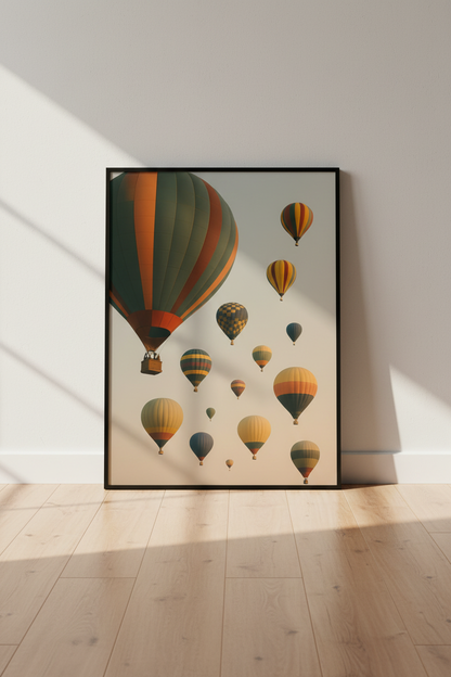 Minimalist Hot Air Balloon Wall Art Print | Boho Living Room Decor | Aesthetic Dreamy Sky Poster | Travel Art Unframed or Framed