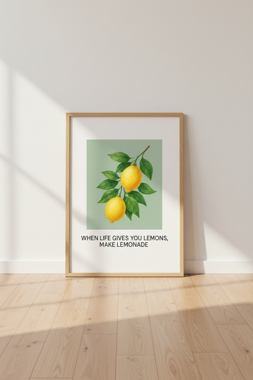 Minimalist Lemon Wall Art Print | Kitchen Decor | Botanical Aesthetic Poster | Inspirational Quote Print | When Life Gives You Lemons