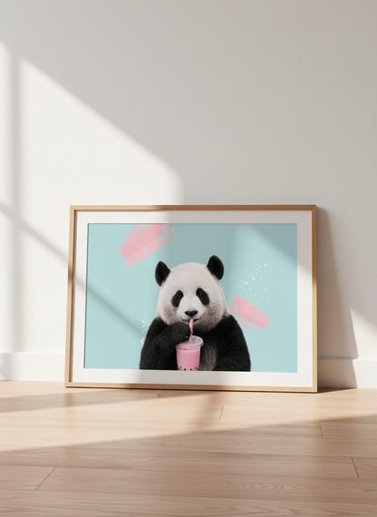 Panda Boba Tea Wall Art | Cute Animal Print, Kids Room Decor | Aesthetic Poster