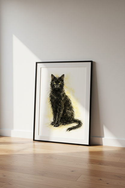 Black Cat Art Print, Fluffy feline Wall Art, Green Eyes Poster, Animal Home Decor, Framed Cat Drawing, Pet Lover Gift