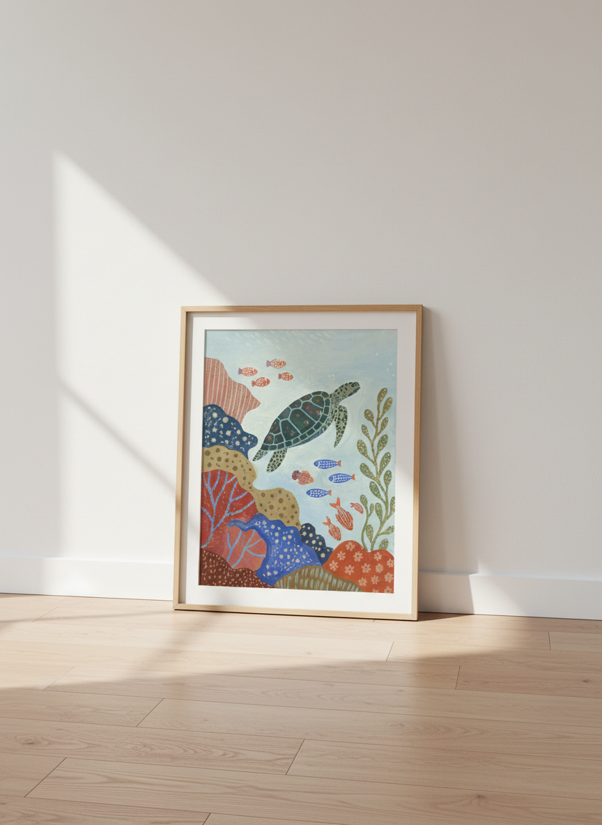 Sea Turtle &amp; Coral Reef Art Print | Ocean Nursery Decor, Coastal Kids Room Art