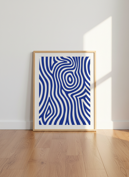 Abstract Topographic Wall Art Print | Modern Blue &amp; White Wavy Lines Poster | Minimalist Living Room Decor | Pattern Digital Download