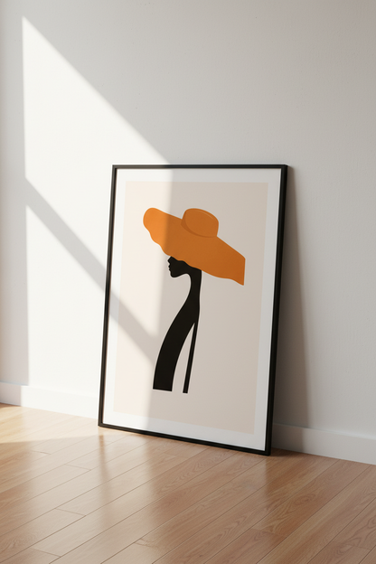 Abstract Woman with Orange Hat Wall Art | Minimalist Silhouette Print | Modern Home Decor Poster | Elegant Female Profile Art