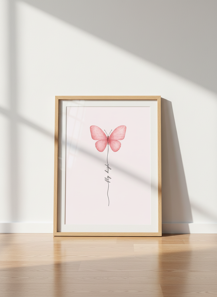Watercolor Butterfly Wall Art Print | Boho Nursery Decor | Pink Aesthetic Poster | Fly High Quote Art | Minimalist Bedroom Print