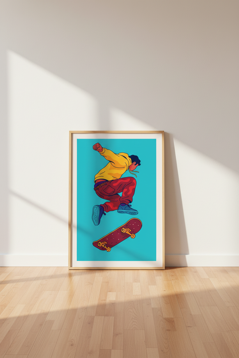 Vibrant Skater Wall Art Print | Teen Room Decor | Urban Aesthetic Framed Poster | Ready To Hang Skateboard Gift