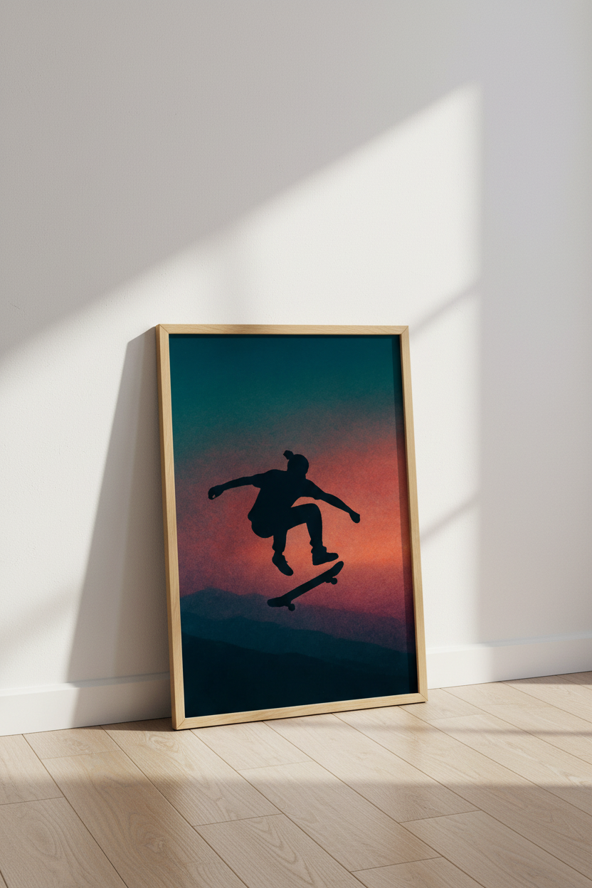 Silhouette Skateboarder Wall Art Print | Teen Room Decor | Aesthetic Skater Poster | Extreme Sports Gift | Sunset Gradient Art