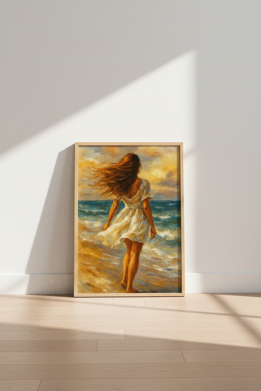 Impressionist Woman Beach Art Print | Coastal Wall Decor | Bohemian Ocean Poster | Golden Hour Beach Painting | Relaxing Home Art