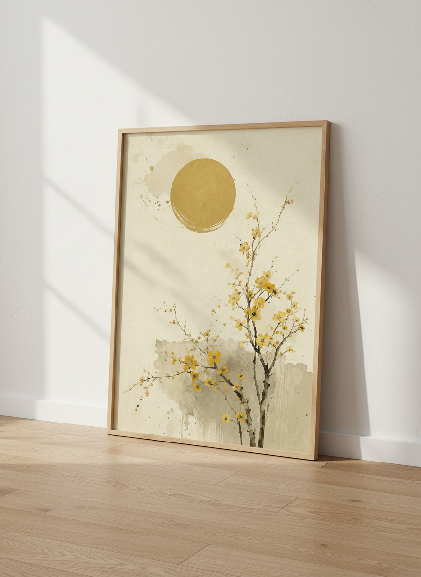Zen Cherry Blossom Art Print | Japanese Floral Wall Decor | Mid Century Modern Boho