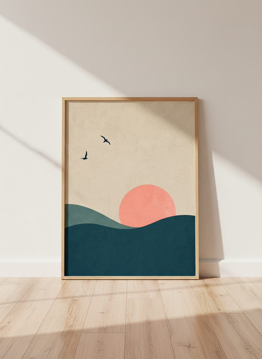 Minimalist Ocean Sunset Art | Coastal Landscape Print, Boho Decor Living Room