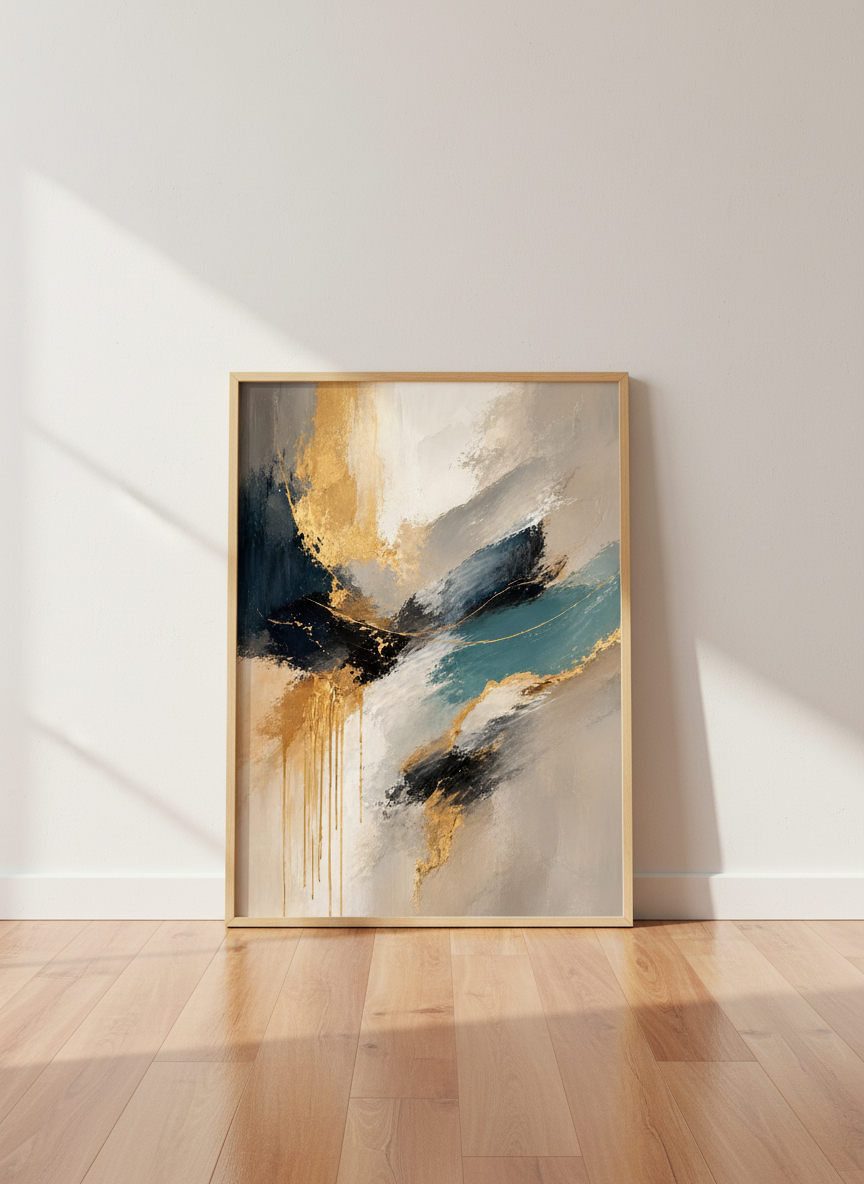 Abstract Gold Wall Art Print | Modern Living Room Decor | Teal Gold Aesthetic Framed Poster | Ready to Hang Art