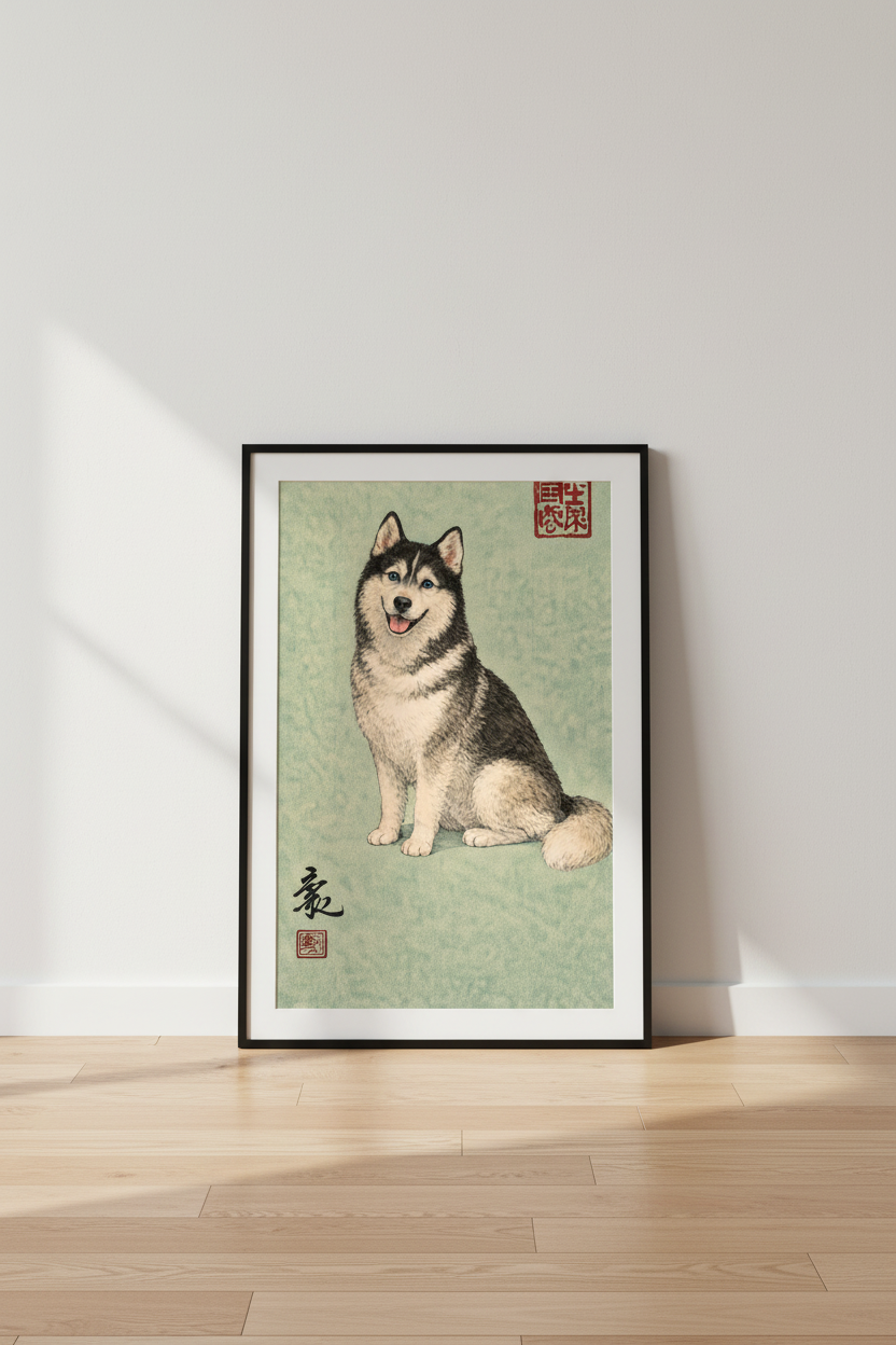 Happy Siberian Husky Wall Art Print - Japanese Ukiyo-e Style Dog Poster, Animal Art Print, Home Decor Wall Hanging