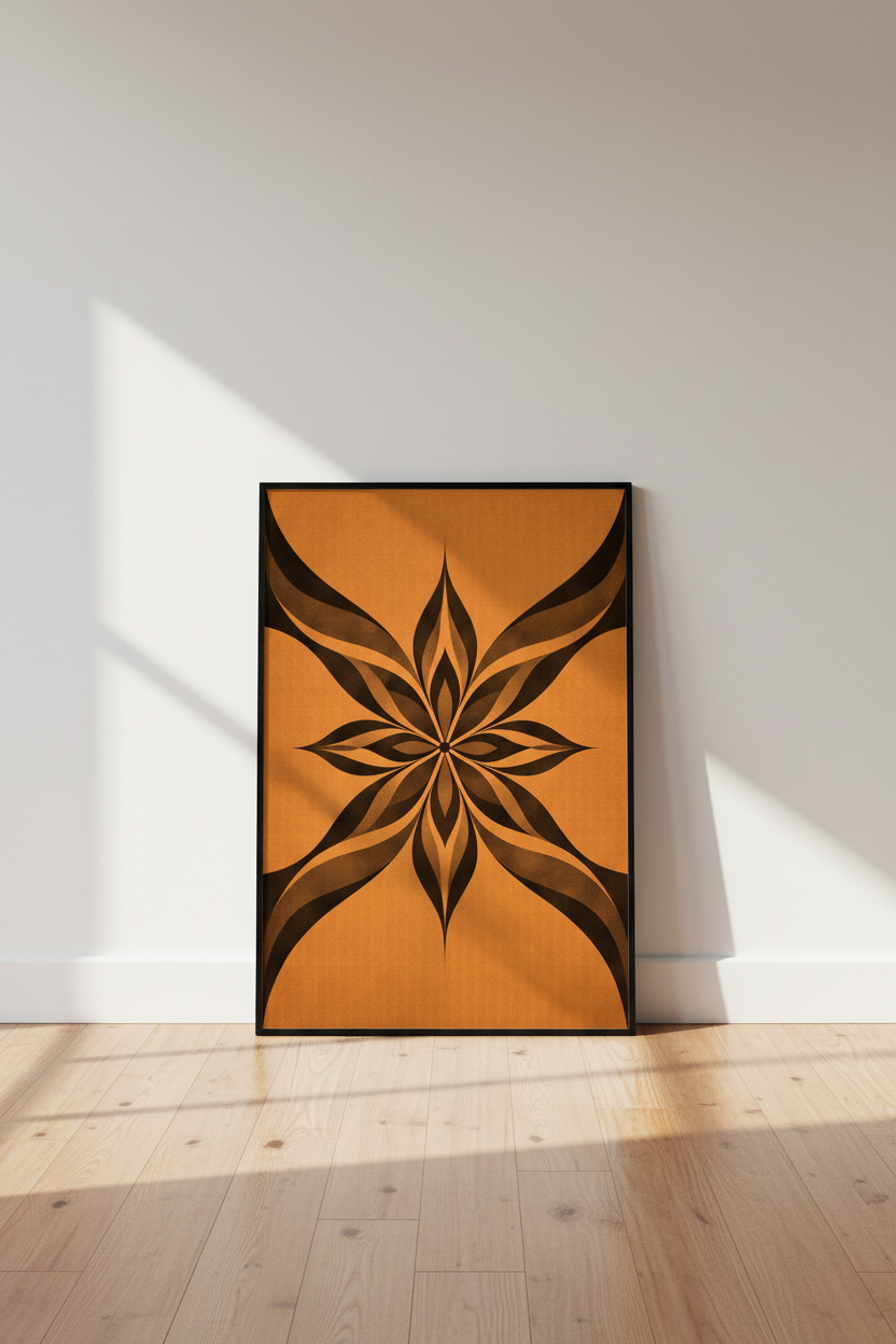Abstract Floral Mandala Wall Art Print | Mid-Century Modern Boho Home Decor | Orange Black Geometric Flower Poster Wall Hanging