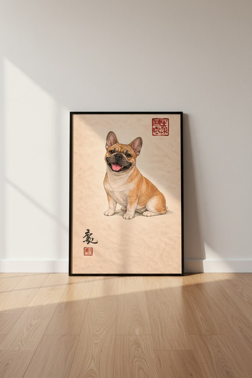 Happy French Bulldog Art Print - Smiling Fawn Frenchie Poster Wall Decor with Japanese Calligraphy - Dog Lover Gift Wall Hanging