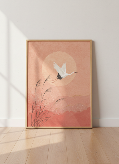 Japanese Crane Wall Art Print | Boho Living Room Decor | Pink Aesthetic Poster