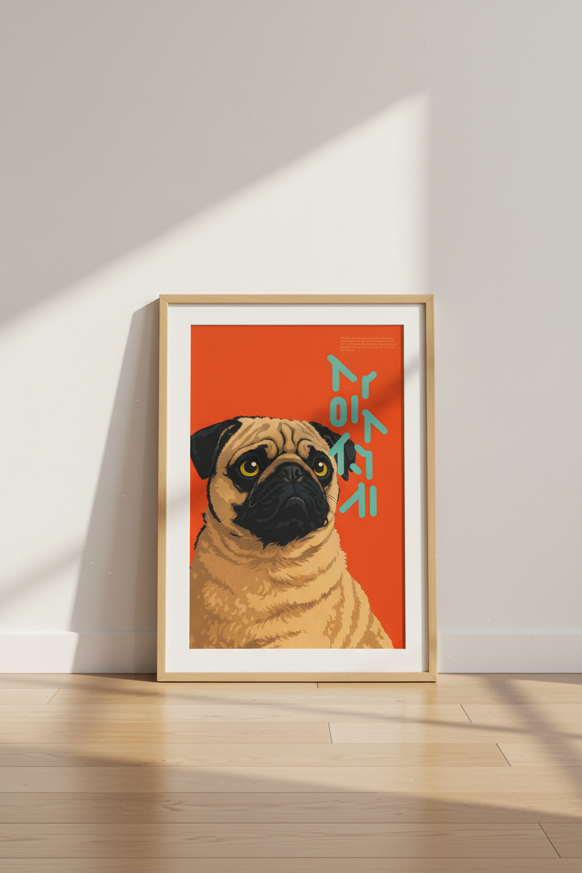 Pop Art Pug Dog Wall Art Print | Pet Lover Decor | Vibrant Orange Framed Poster | Retro Aesthetic Animal Art