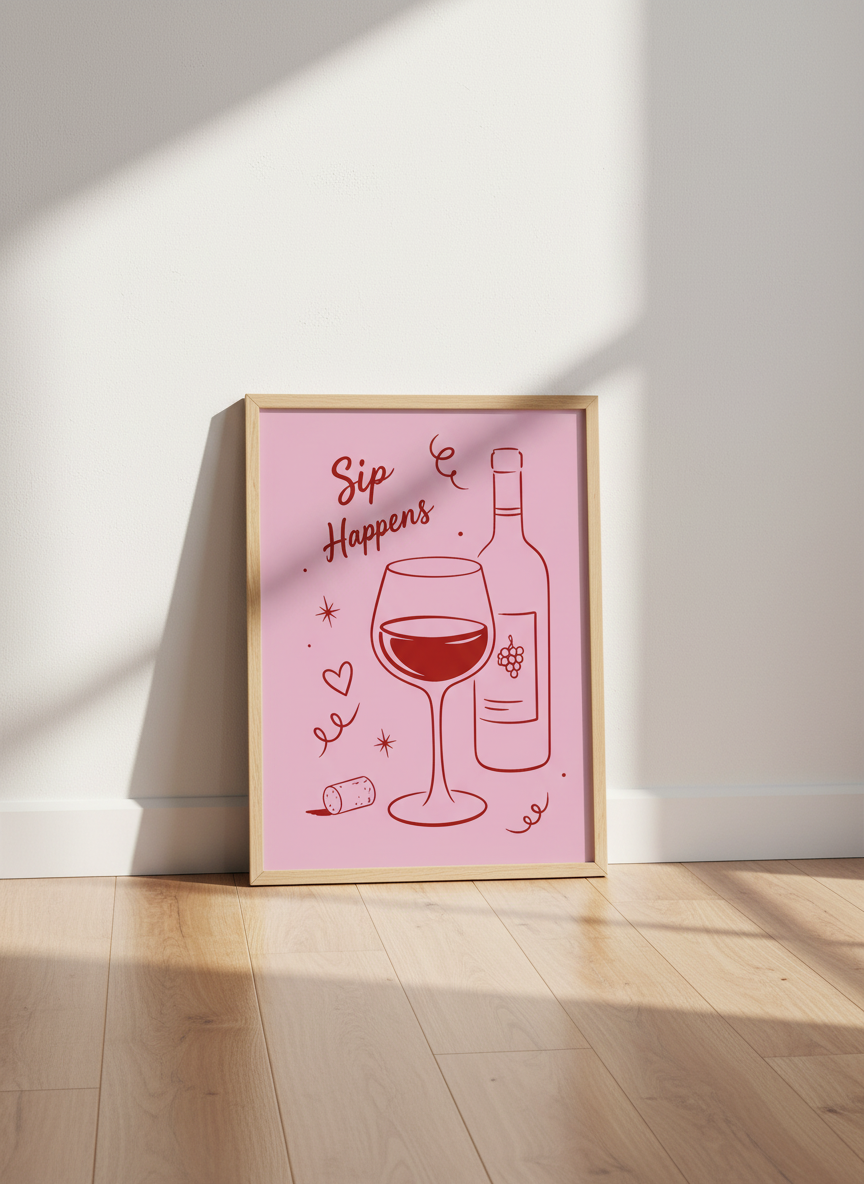 Sip Happens Wine Art Print | Kitchen Bar Decor, Trendy Pink &amp; Red Pun Poster