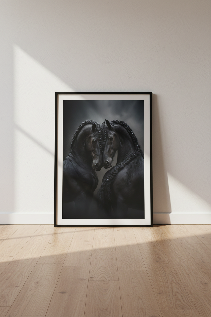 Dark Academia Braided Black Horse Wall Art Print | Equestrian Living Room Decor | Moody Maximalist Poster | Digital Download