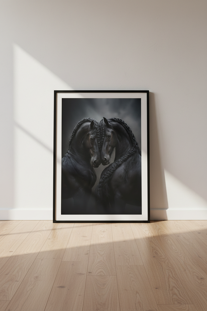 Dark Academia Braided Black Horse Wall Art Print | Equestrian Living Room Decor | Moody Maximalist Poster | Digital Download