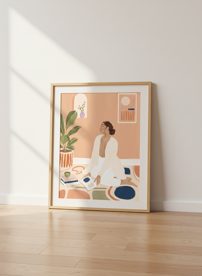 Relaxed Woman Art | Boho Reading Decor, Peach Aesthetic Print