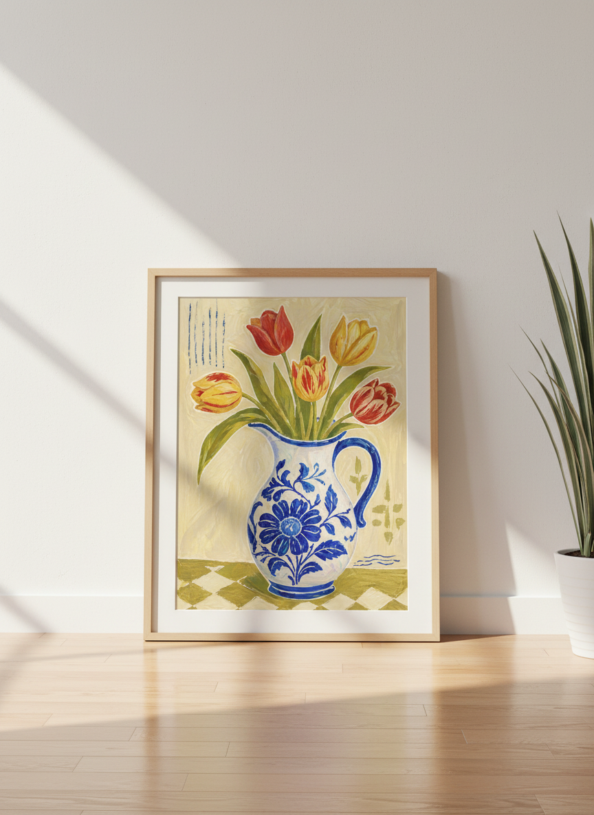 Vibrant Tulip Floral Print | Botanical Art, Kitchen Decor | Chinoiserie Jug Painting