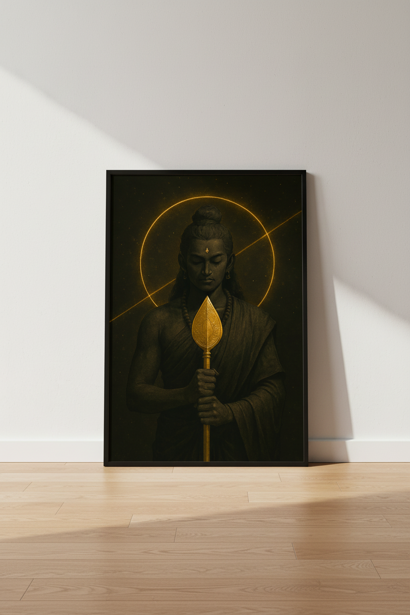 Divine Warrior Wall Art Print | Hindu Mythology Decor | Spiritual Golden Poster | Murugan Skanda Artwork | Meditation Room Aesthetic