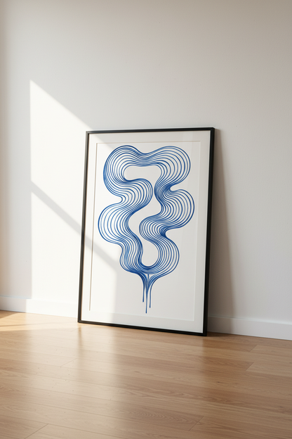Abstract Wavy Line Art Print | Navy Blue Minimalist Wall Decor | Modern Living Room Poster | Aesthetic Ocean Vibes