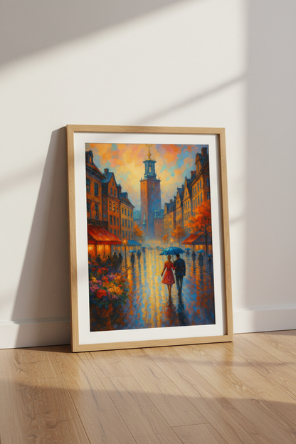Impressionist Rainy City Wall Art Print | Romantic Street Decor | Moody Aesthetic Poster | Stockholm Cityscape Art