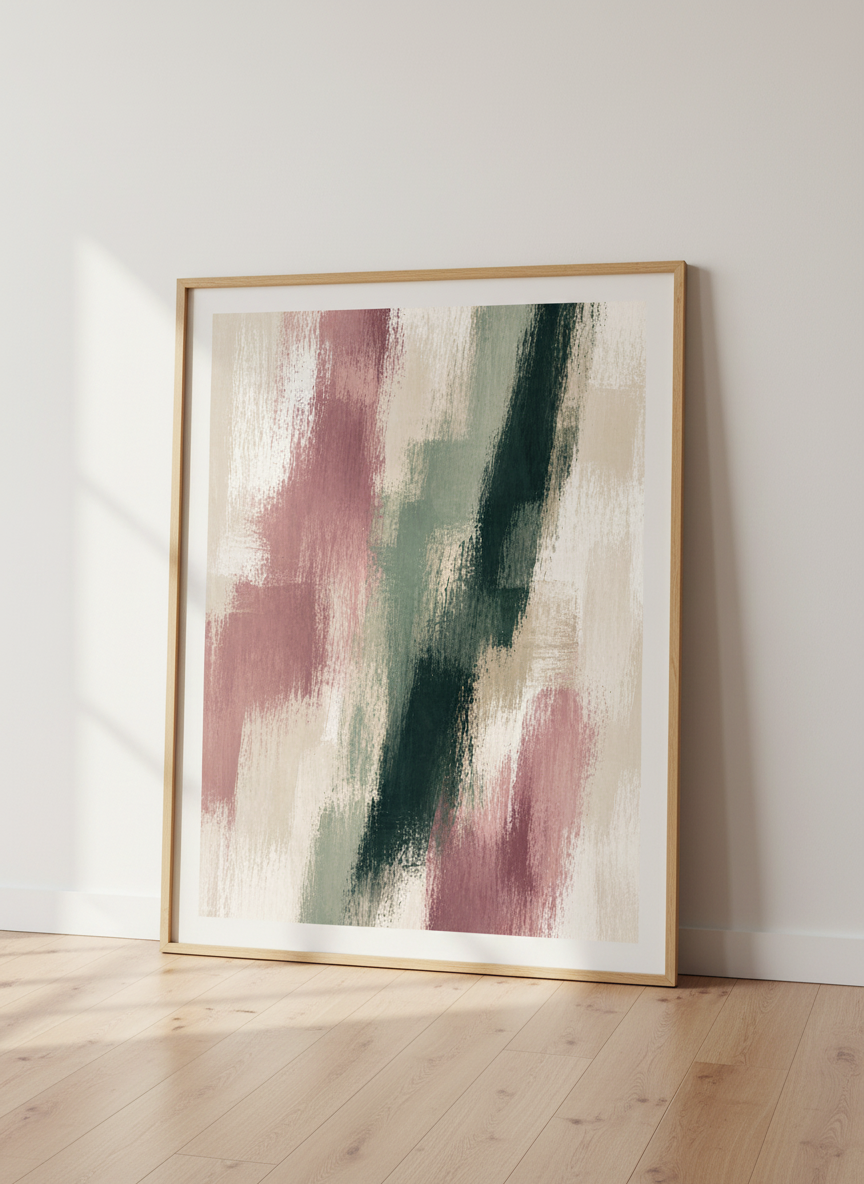 Abstract Brush Stroke Wall Art Print | Modern Living Room Decor | Dusty Rose &amp; Sage Green Framed Artwork