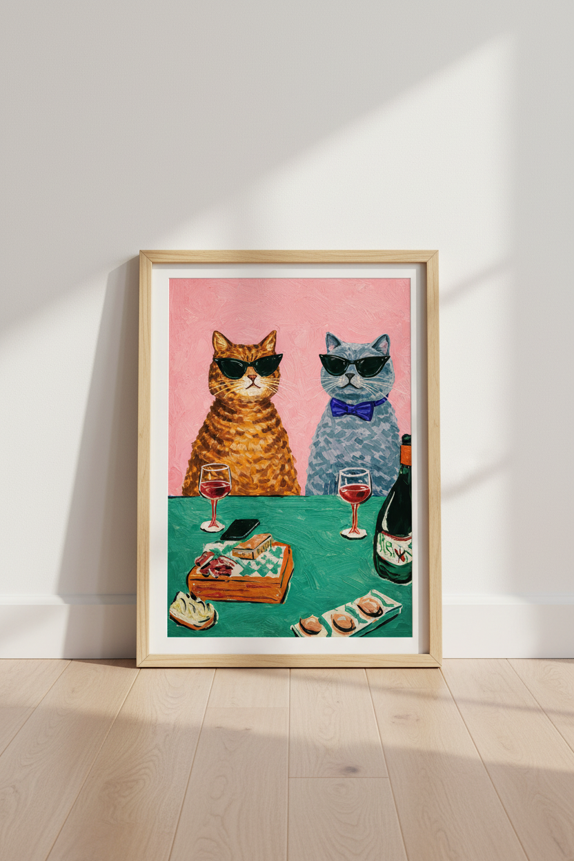 Eclectic Cat Painting Wall Art Print | Funny Animal Dining Room Decor | Maximalist Kitchen Poster, Cat Lover Gift
