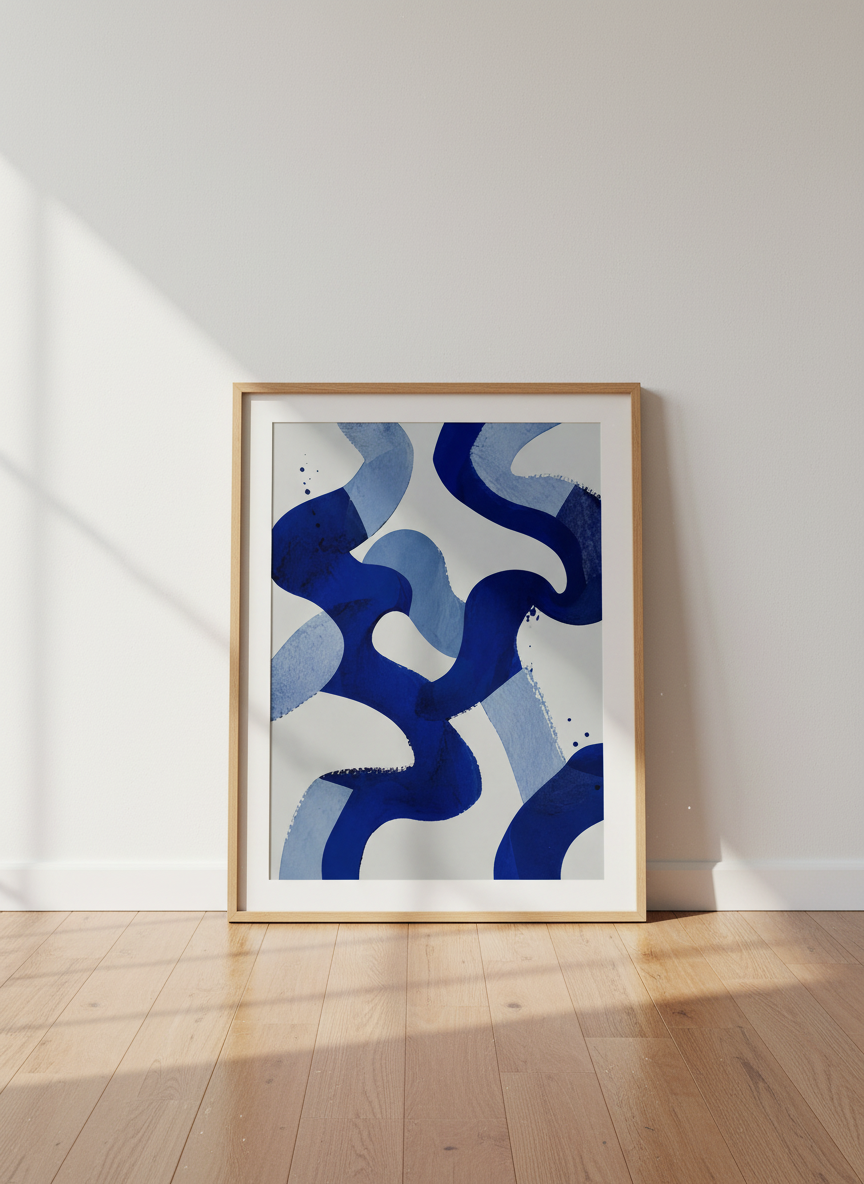 Abstract Blue Wave Wall Art Print | Minimalist Decor | Boho Wavy Lines Poster