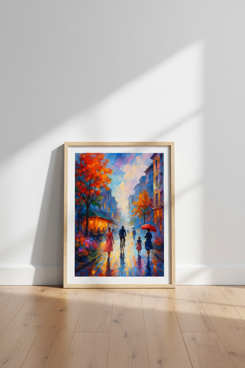 Impressionist Cityscape Wall Art Print | Parisian Street Decor | Vibrant Autumn Poster | Rainy Day Artwork, Framed &amp; Unframed Canvas &amp; Digital