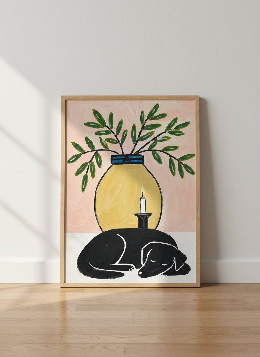 Sleeping Black Dog Art Print, Candlelight &amp; Vase Botanical Wall Art, Cozy Home Decor Poster, Minimalist Pet Lover Gift