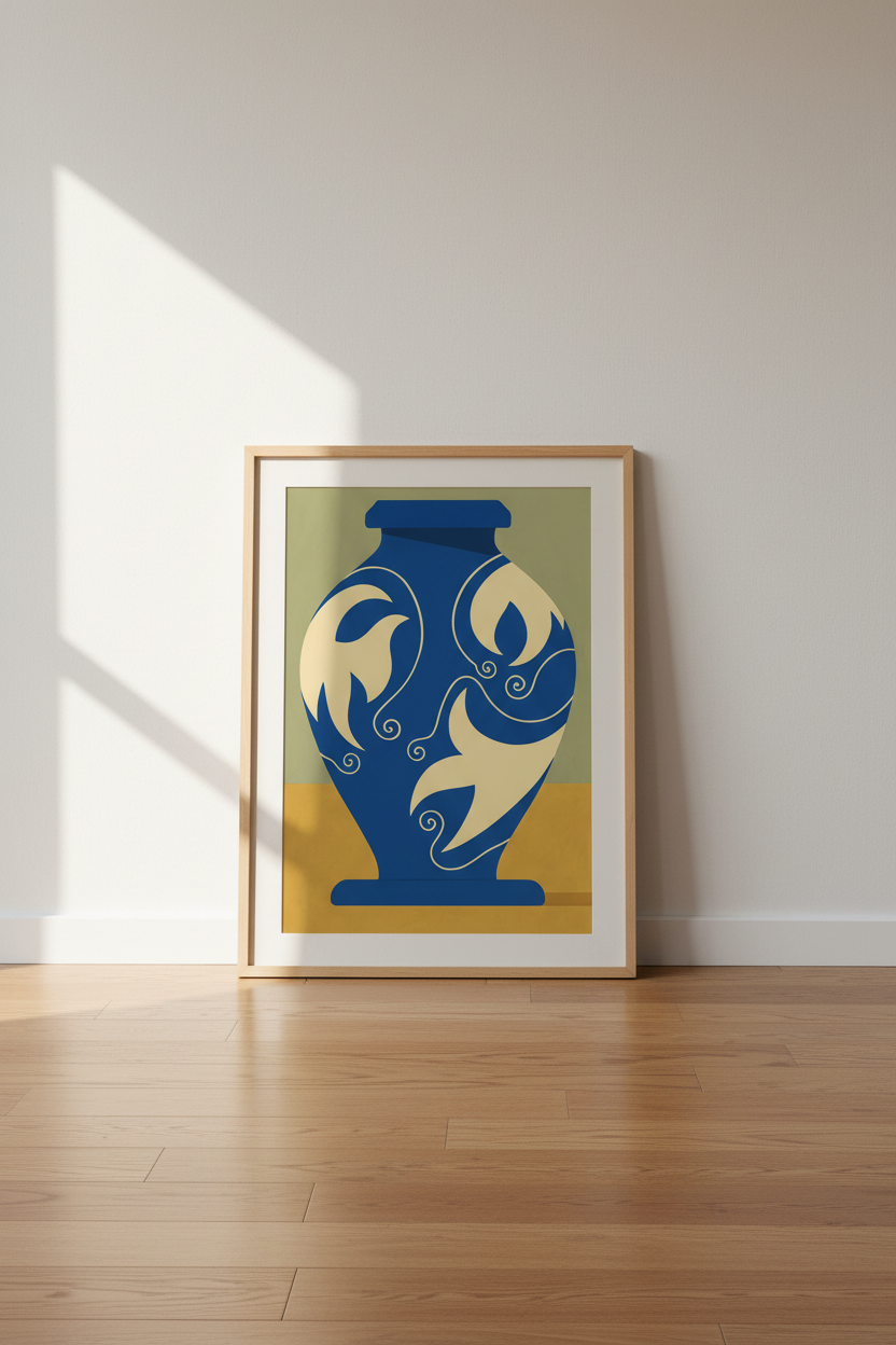Abstract Mid Century Vase Framed Wall Art | Living Room Decor | Bohemian Aesthetic Poster | Modern Blue Home Decor