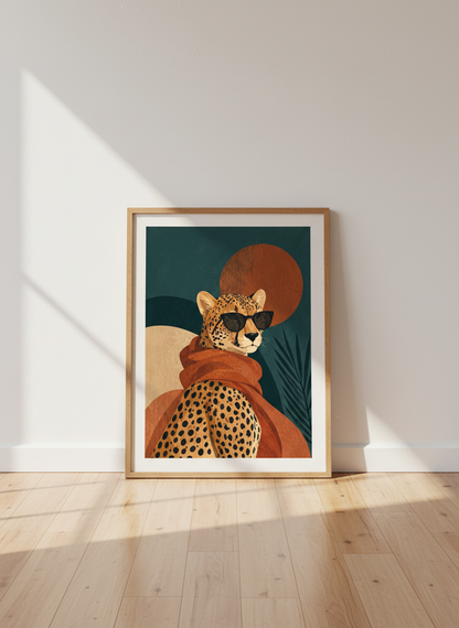 Cool Cheetah Sunglasses Art Print | Boho Chic Animal Wall Decor | Mid Century Modern
