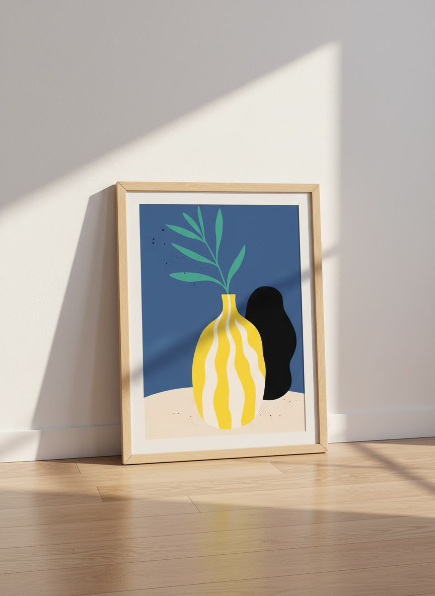 Abstract Yellow Vase Print | Modern Boho Decor, Blue Wall Art, Plant Poster