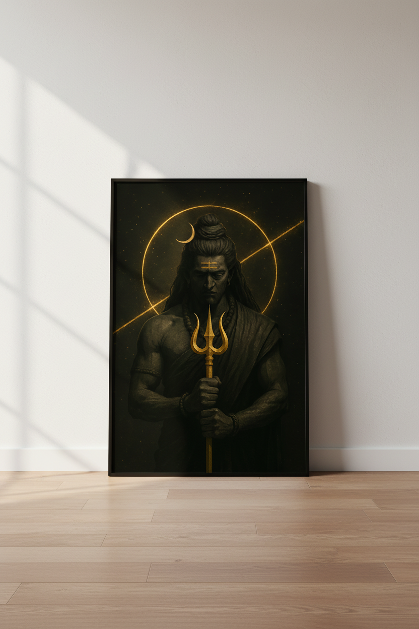 Divine Shiva Wall Art Print | Hindu God Decor | Spiritual Dark Academia Poster | Golden Trident Meditation Art | Indian Mythology Home Gift