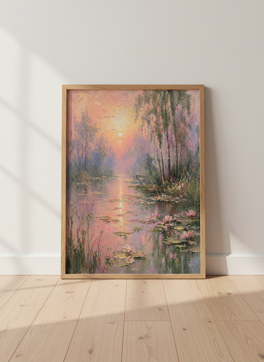 Water Lily Lake Sunset Painting | Serene Landscape Wall Art, Pink Pastel Decor