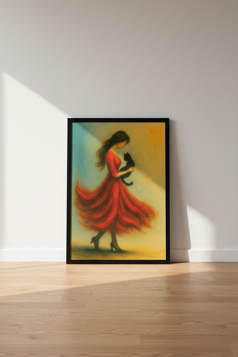 Abstract Woman with Cat Wall Art Print | Boho Living Room Decor | Pet Lover Gift | Minimalist Expressionism Poster